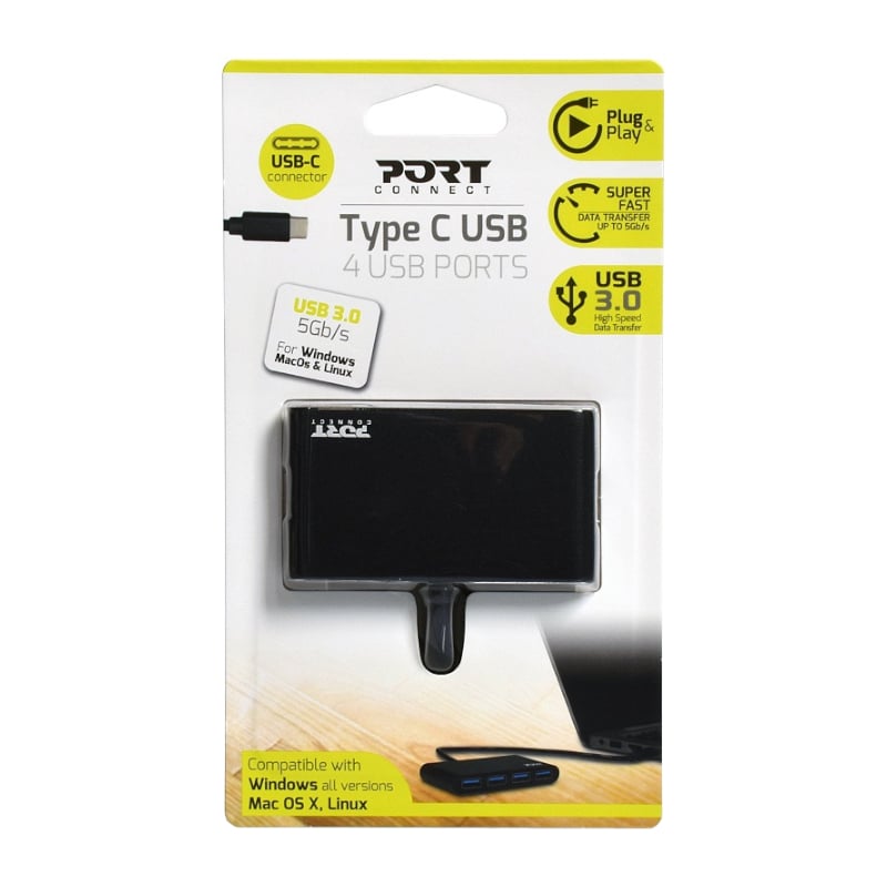 Port USB Type-C to 4 x USB3.0 5Gbps 30cm 4 Port Hub - Black Black