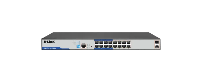16 PoE 10/100/1000 ports + 2 Gigabit SFP ports Long Range Smart Switch 150W total POE budget; Max Distance 250m - D-Link DGS-F1210-18PS-E, Managed, L2, Gigabit Ethernet (10/100/1000), Power over Ethernet (PoE), Rack mounting