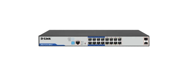16 PoE 10/100/1000 ports + 2 Gigabit SFP ports Long Range Smart Switch 150W total POE budget; Max Distance 250m - D-Link DGS-F1210-18PS-E, Managed, L2, Gigabit Ethernet (10/100/1000), Power over Ethernet (PoE), Rack mounting