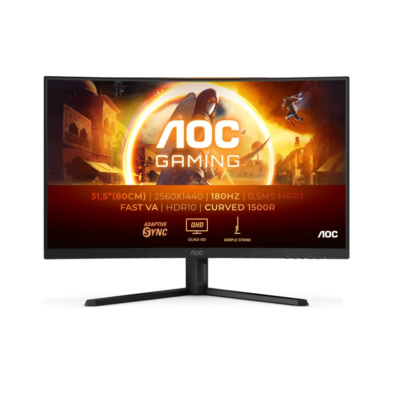 AOC-CQ32G4VE Gaming Monitor|Curved 32 inch|VA QHD 2560x1440 180Hz|1ms|HDMI DP|VESA|Flicker Free;|Low Blue Model | Adaptive Syn - AOC G4 CQ32G4VE, 81.3 cm (32"), 2560 x 1440 pixels, Quad HD, LCD, 0.5 ms, Black, Grey