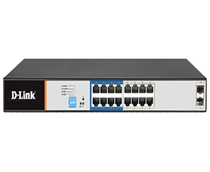 16 PoE 10/100/1000 ports + 2 Gigabit SFP ports Long Range Smart Switch 150W total POE budget; Max Distance 250m - D-Link DGS-F1210-18PS-E, Managed, L2, Gigabit Ethernet (10/100/1000), Power over Ethernet (PoE), Rack mounting